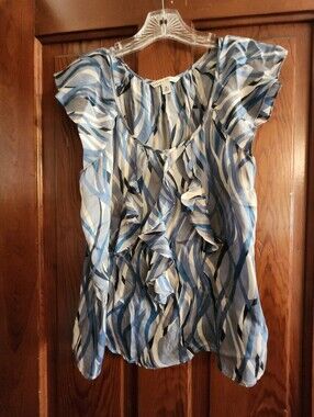 Banana Republic Blue and White Geometric Striped Silk Blouse